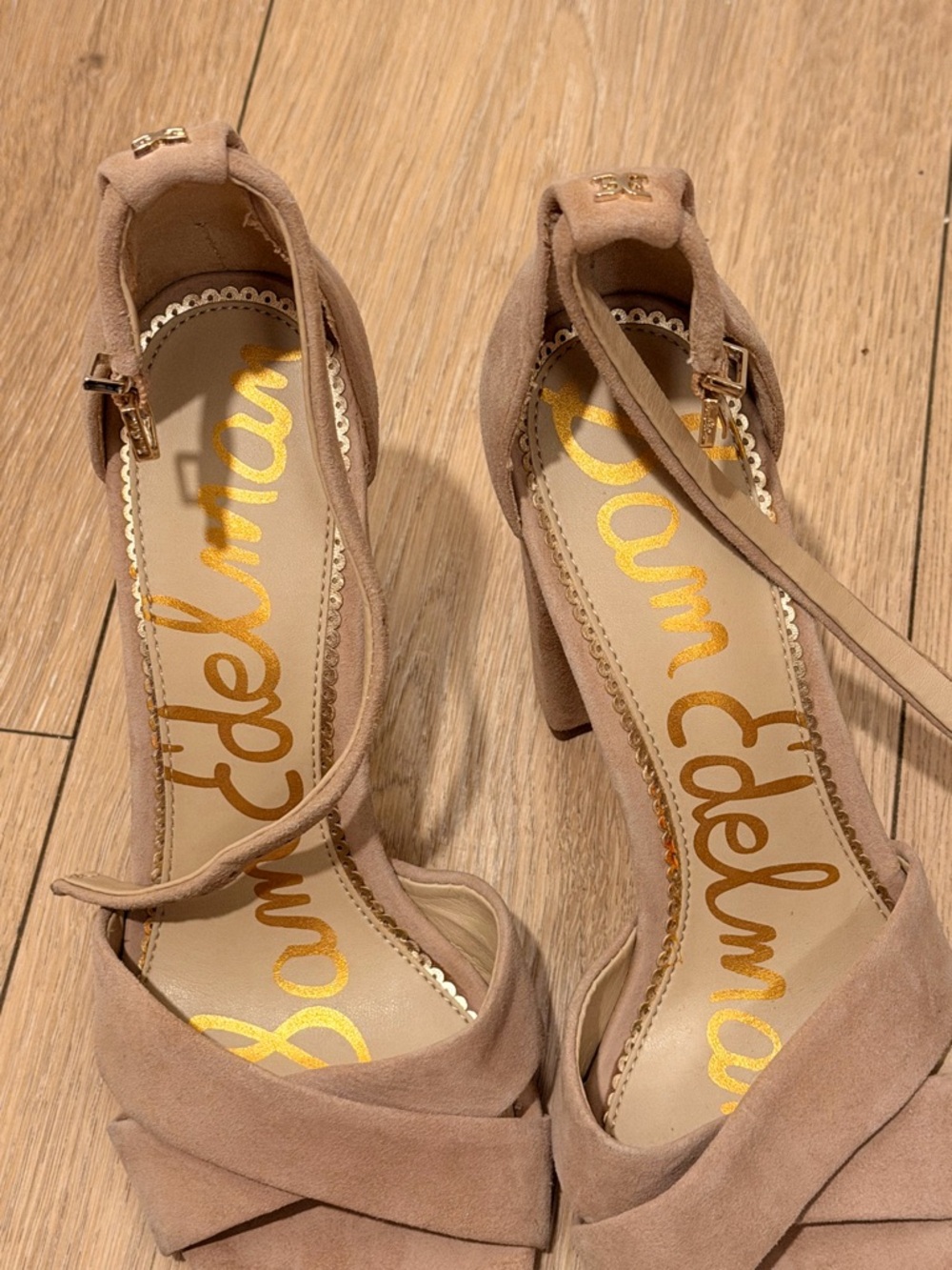 Sam Edelman Beige Suede Block Heel Sandals with Ankle Strap - Picture 2 of 5